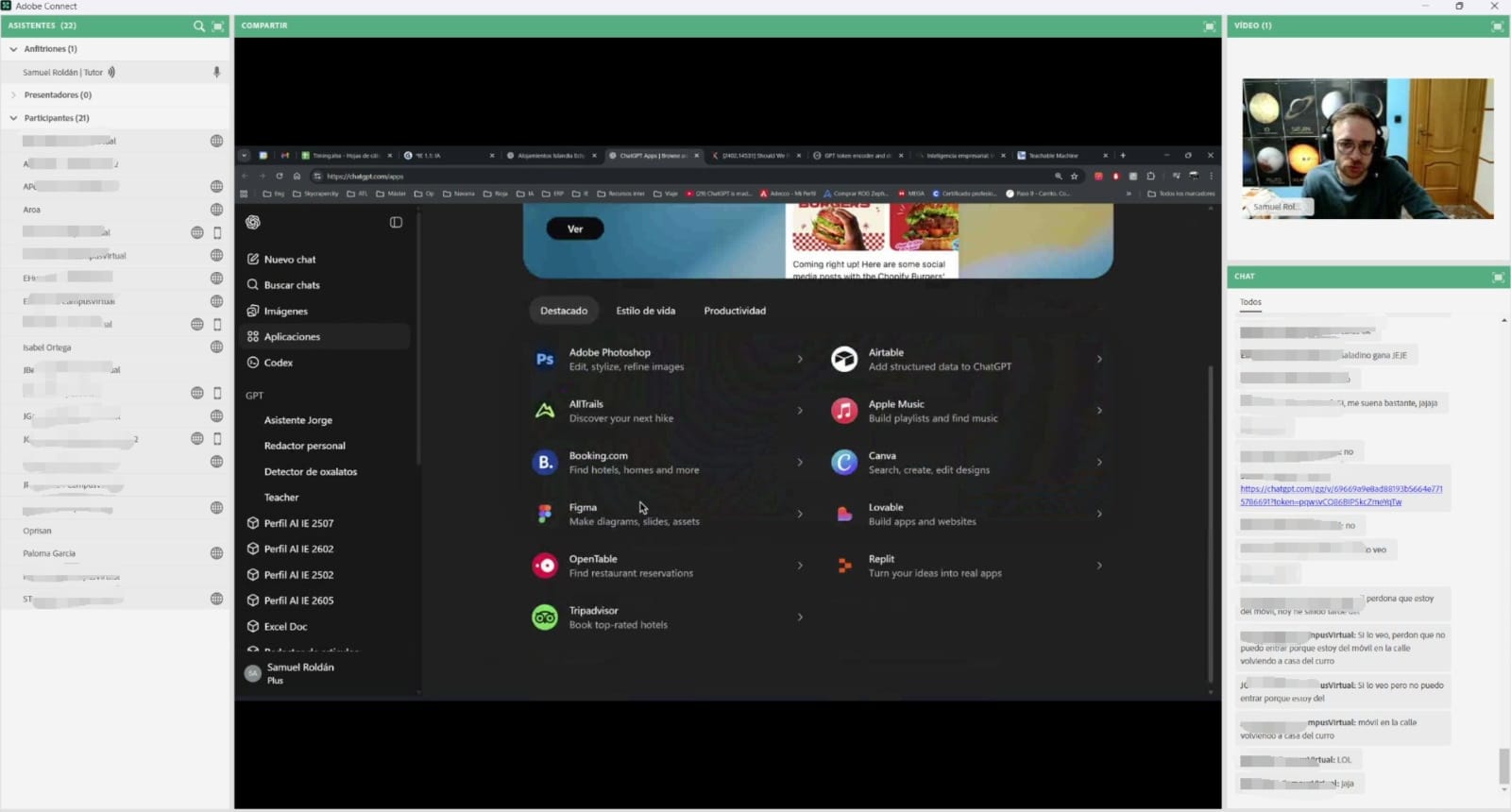 Samuel Roldán impartiendo una formación online con los nombres del alumnado protegidos
